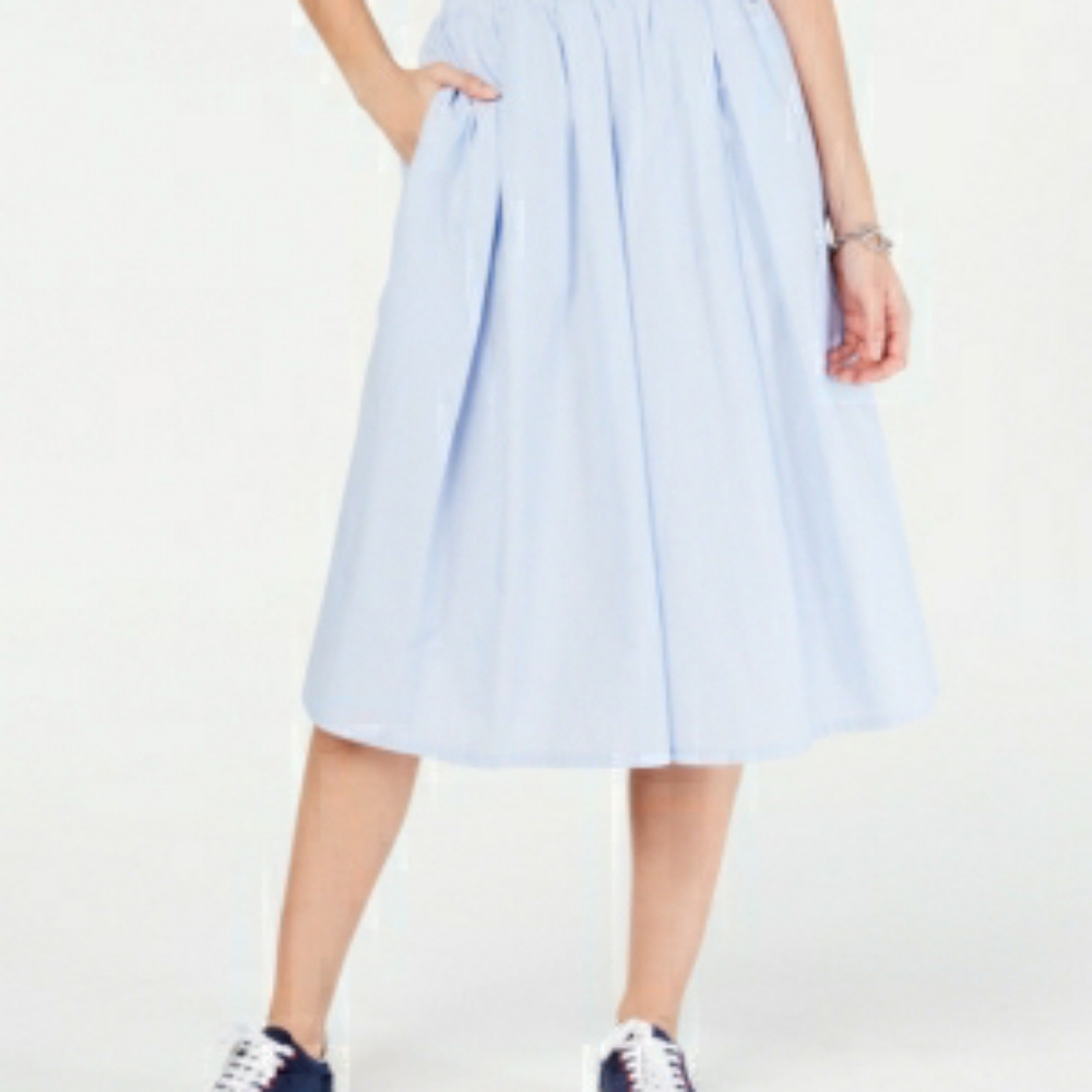 Tommy Hilfiger Light Blue Pinstripe Midi Pleated